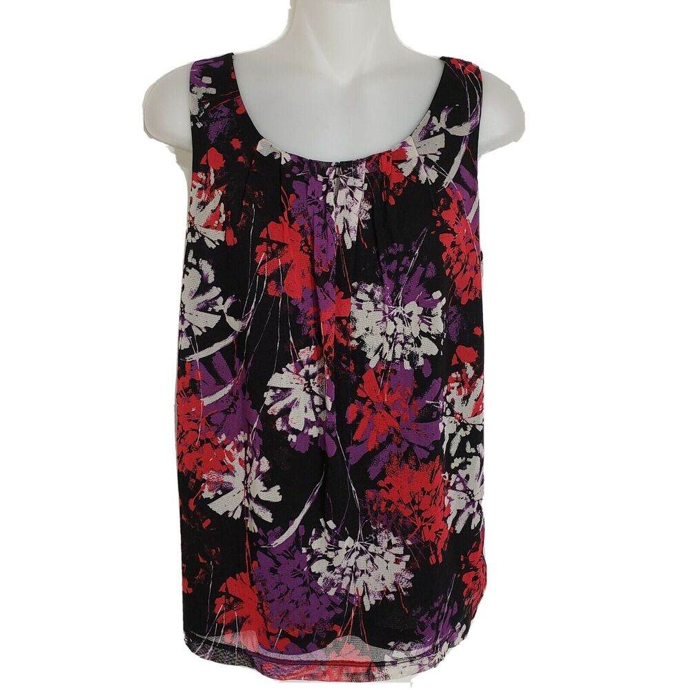 212 Collection Women's Small Tank Top Floral Fully Lined Pleated Neck Multicolor